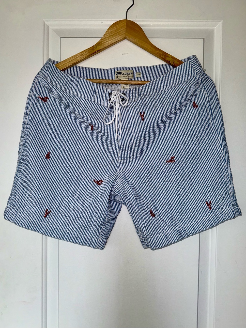 J. Crew Blue and White Seersucker Lobster Embroidered Swim Trunks - EUC